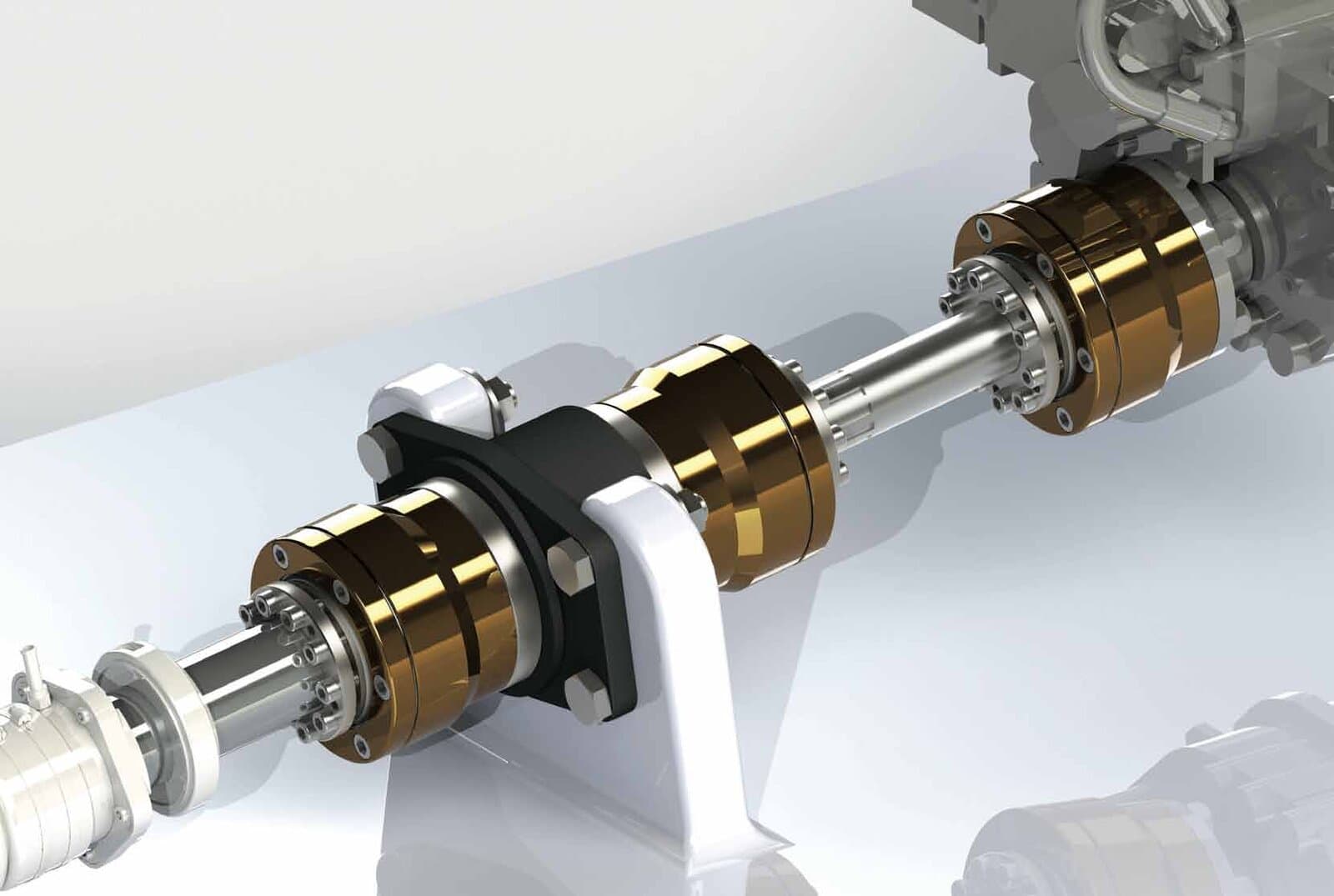 STS thrust system CAD render — twin SigmaDrive units with thrust bearing
